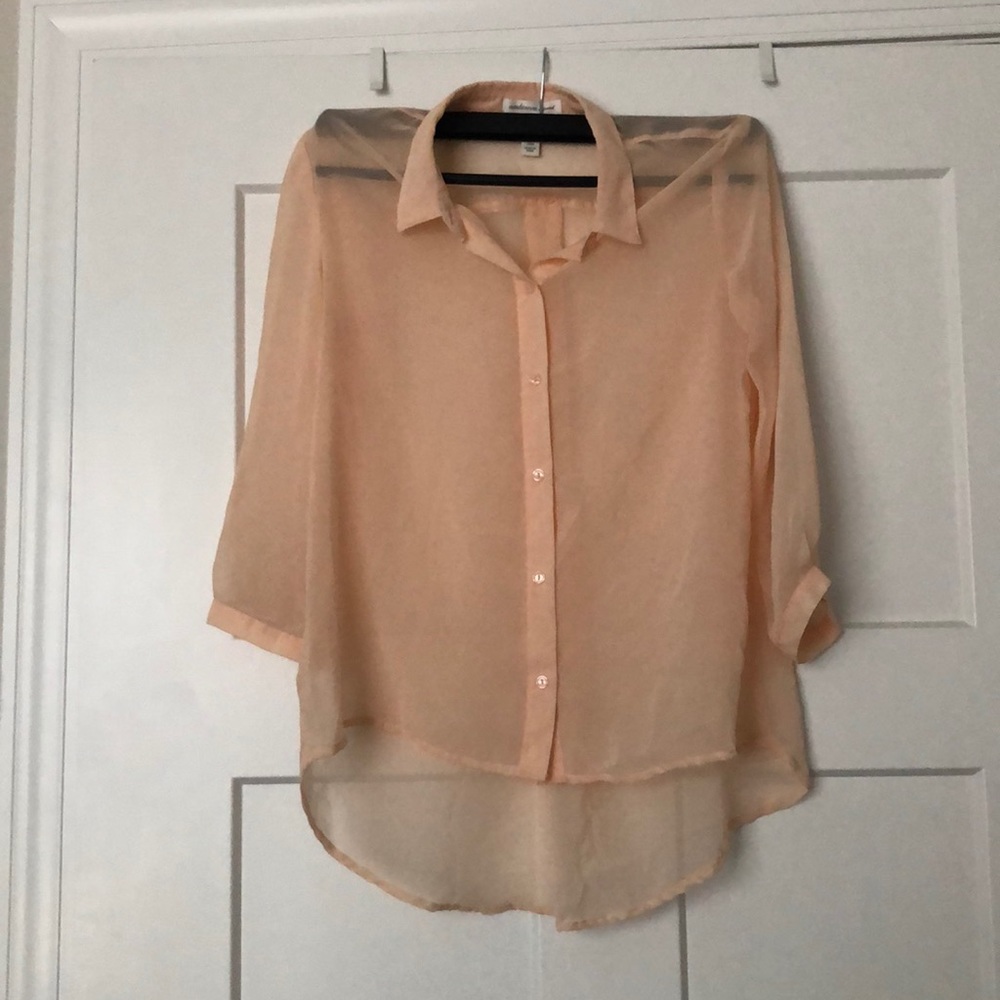Ambiance apparel sheer button down collared shirt.